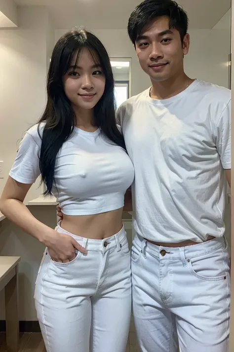 A mirror selfie of a blonde asian woman medium breasts wearing a white shirt and a blue jeans and an asian man with black hair and he is wearing white shirt and blue jeans , casual photo, smiling