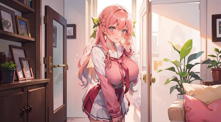 (Masterpiece), Best quality, Ultra-high resolution, detailed structure, Detailed architecture, (Warm pastel colors), indoor，A girl with pink hair stands shyly outside the door，Behind is the living room, plant, Stamens, indoor。Entrance