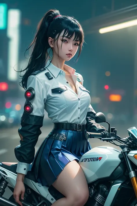 Digital Cyberpunk Art、Highest quality、Ultra-high quality CG Unity 8K、Black Hair Semi-Long、Mechanics、Shiny、Wear a cyberpunk white collared button-up shirt、Wear a cyberpunk navy blue short box pleated skirt、Japanese 、Riding on motorcycle、CBR400Rに乗る、Drive on ...