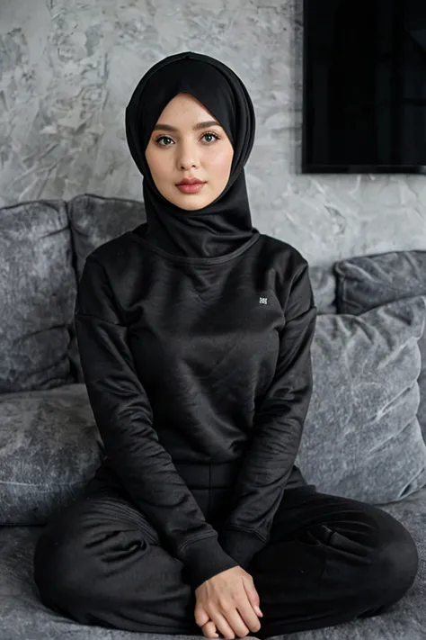 Darcy dark in black straight hijab sitting at sofa pant sweatshirt 