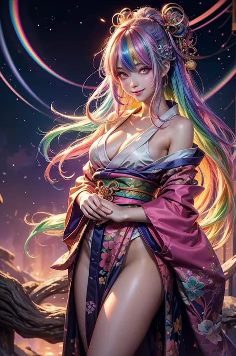 A girl with long rainbow hair, glowing rainbow eyes and an adorable smile wearing kimono, detailed anime style, fantasy illustration art, shiny glossy colorful lighting, glittery skin, glowing neon color palette, cute face