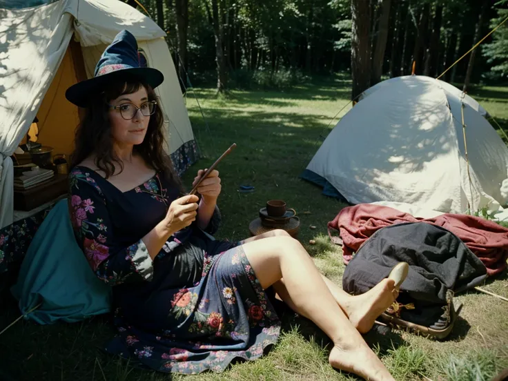 groovy old 1960s witch woman, floral dress, glasses, witch hat, black cat, sitting in a tent smoking her pipe at Woodstock music festival