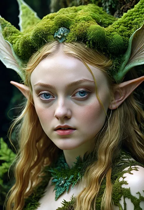 Looks like Dakota Fanning, Closeup of a Surreal moss Elf with pointy ears in the styles of Ernst Haeckel, Arthur Rackham, Roger Dean, Jeff Wall, by Wolfgang Tillmans, Brooke Shaden $etching drawing illustration$ resin
detailed matte painting, deep color, f...