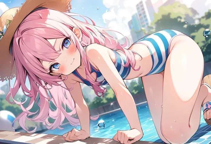 nsfw、BREAK Perfect Anatomy、Highest quality、(cute:1.1)、(cute)、(High resolution:1.2)、Unbelievably absurd:1.3、Incredible illustrations、(cuteイラスト:1.2)、（Beautiful background、Poolside）(1 girl) 、solo)、(10th Generation、JK、Loli face、Small breasts:1.2)、slender、、、、Ey...