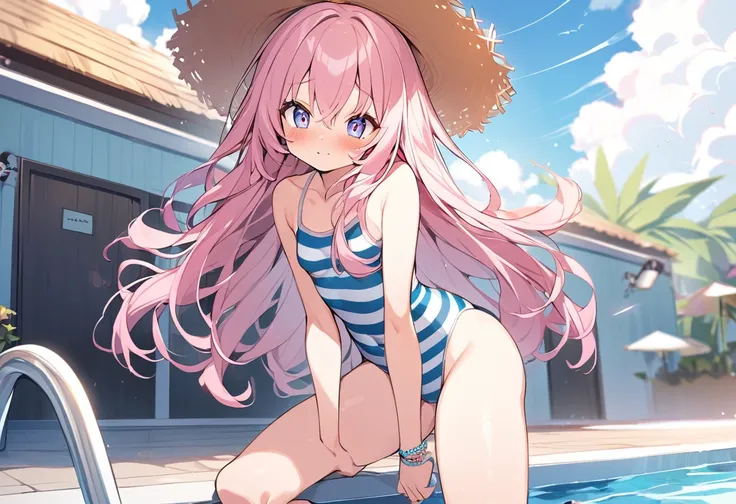 nsfw、BREAK Perfect Anatomy、Highest quality、(cute:1.1)、(cute)、(High resolution:1.2)、Unbelievably absurd:1.3、Incredible illustrations、(cuteイラスト:1.2)、（Beautiful background、Poolside）(1 girl) 、solo)、(10th Generation、JK、Loli face、Small breasts:1.2)、slender、、、、Ey...