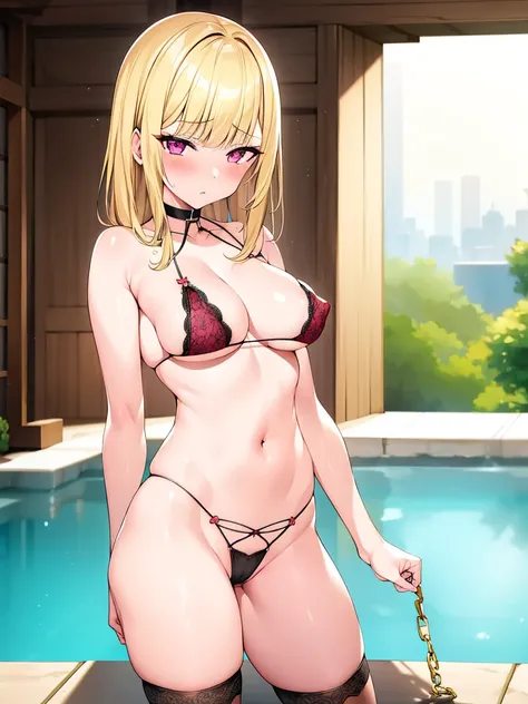 masutepiece, Detailed, Best Quality, Beautiful Girl, very small lace translucent bikini, Shackles, stock, Troubled face, big pool (prison), blonde sexy girl 1girl in, marin kitagawa character, blonde female, Blunt bangs, Big breasts, Amused expression, Loo...