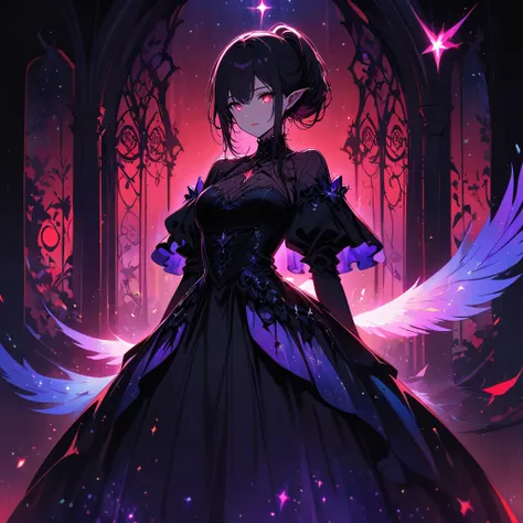 ((((Stellar being with starlight aura))) 1girl, looking out at stars, soft focus, (astral themes), (glow in eyes)), impressive artistry,Exquisite details,Gothic architecture,dramatic lighting,Vibrant red hue,ominous numbers,Strange symbols,Surreal elements