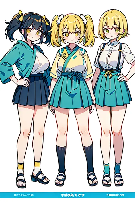 (Twin tails,Short Hair,Yellow Hair),((Big Tits,Girl,Lori)),(Japanese-style clothes,Low skirt,)White background,Standing posture,Provocative smile