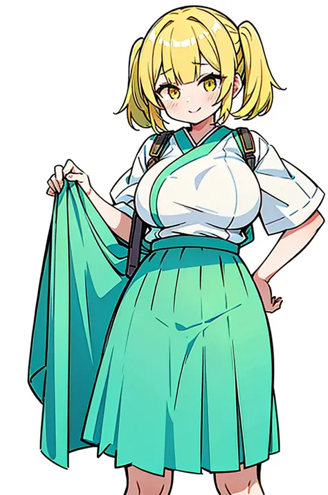 (Twin tails,Short Hair,Yellow Hair),((Big Tits,Girl,Lori)),(Japanese-style clothes,Low skirt,)White background,Standing posture,Provocative smile