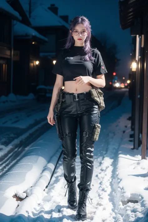 1 girl, beautiful purple hair, blue eyes detailed, wearing glasses, wearing military tactical gear, black military top, black military pants, plack military boots, winter, night, snow, realistic, ultra-detailed, HDR, 4k, full body, realistic lighting and c...