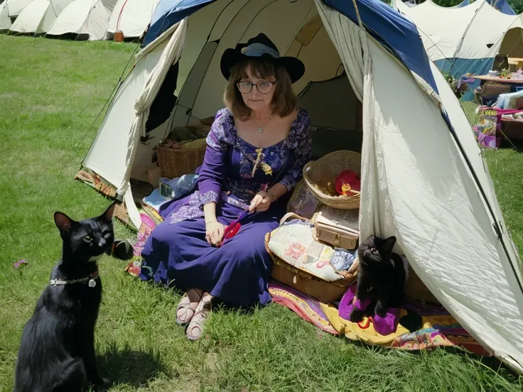 groovy old 1960s witch woman, floral dress, glasses, witch hat, black cat, sitting in a tent smoking her pipe at Woodstock music festival