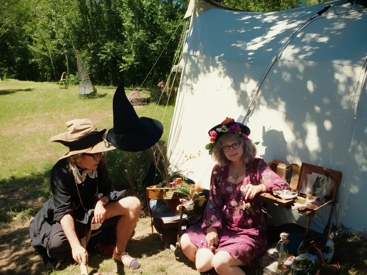 groovy old 1960s witch woman, floral dress, glasses, witch hat, black cat, sitting in a tent smoking her pipe at Woodstock music festival