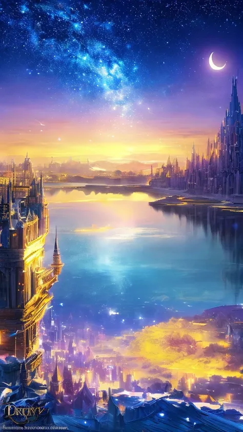 the met、Painting of a river with stars and moon in the sky、the met、Shining skyscrapers、Shine across the board、Skyscrapers、Concept art inspired by Mitsuoki Tosa、pixiv contest winners、top-quality、Fantasyart、beautiful anime scene、Bright moon、Moonlit star envi...