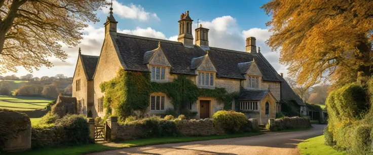 a beautiful detailed statley home in the countryside, blenhiem palace, rolling white green hills, a quaint old english town in the distance, village, thatched roof cottages, cobblestone streets, an old tudor tavern, a snow man, a majestic Clock tower,fluff...