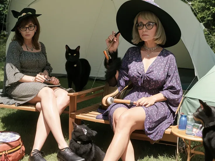 groovy old 1960s witch woman, floral dress, glasses, witch hat, black cat, sitting in a tent smoking her pipe at Woodstock music festival