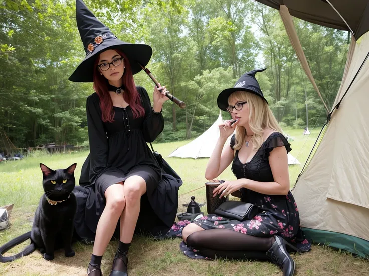 groovy old 1960s witch woman, floral dress, glasses, witch hat, black cat, sitting in a tent smoking her pipe at Woodstock music festival