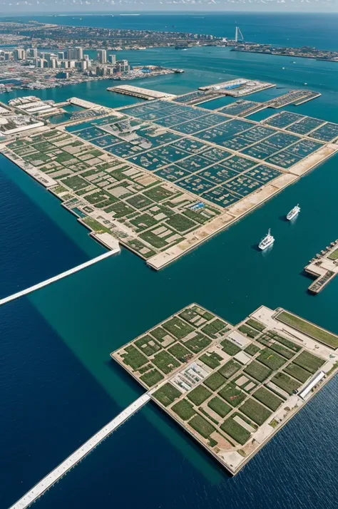 Urban centers on floating platforms in the ocean, with innovative use of space, advanced water management systems, and vibrant community life.