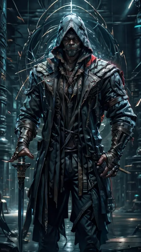 High quality portrait of a hero with anonymous mask, holding a sword in front of him with both hands, big muscles, using assassins creed clothes.