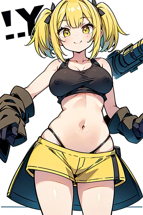 (Twin tails,Short Hair,Yellow Hair),((Big Tits,Girl,Lori)),(Tank top,Belly button)White background,Standing posture,Provocative smile