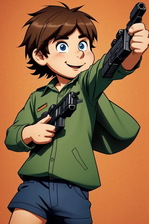 A cartoon boy pointing a gun at hes left side 