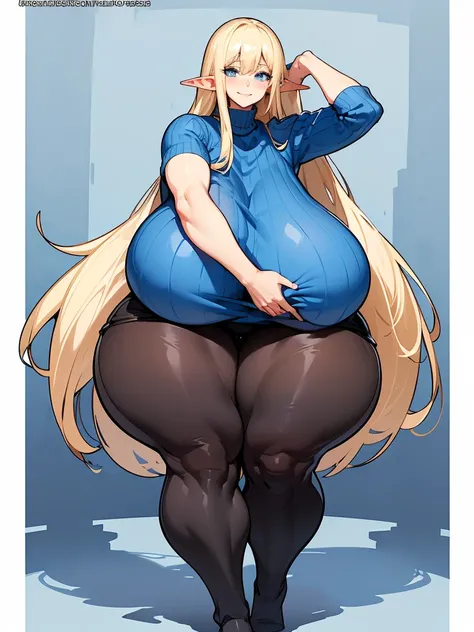 young elf girl, blue eyes, blue Pullover, black long skirt, whole body to see, smiled, excited, moans, blond long hair, (( very wide hips)), (((colossal Thighs, gigantic thighs, very huge thighs, very big thighs))), sexy pose, wet clothes