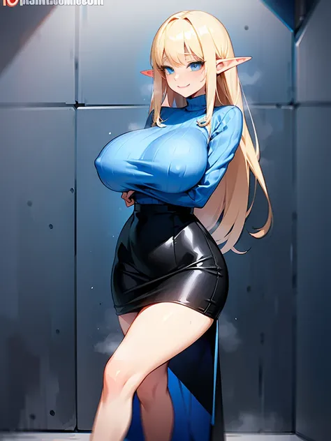 young elf girl, blue eyes, blue Pullover, black long skirt, whole body to see, smiled, excited, moans, blond long hair, sexy pose, big breasts, wide hips