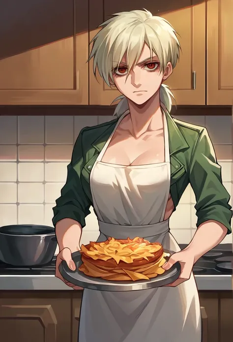 score_9, score_8_up, score_7_up, source_anime, 1girl, solo, boob window, cow pattern crop top, no bra, big , standing, holding a tray of burned food, gown, cooking, kitchen,  hellsing, seras victoria, front view, looking at viewer