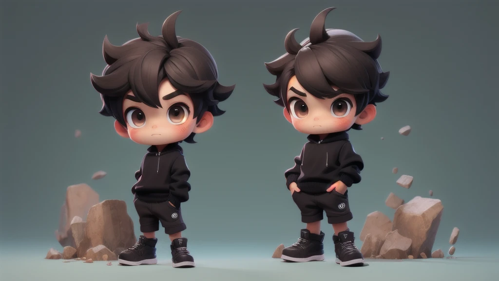 Make a boy chibi with black pullover, dark brown eyes, texture crop style hair.