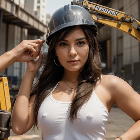 1girl in, 30 years old, Square face, Long hair, Looking at the viewer, jewelry, Reality, Sexy, sexy construction worker, construction site, free posing