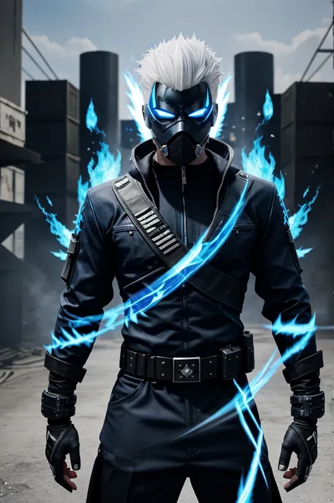 A background with (blue & black flames) , ( male 3d ) type with white hair and  black mask at standing and having a guns in hand name ( killtake22 ) as gaming logo