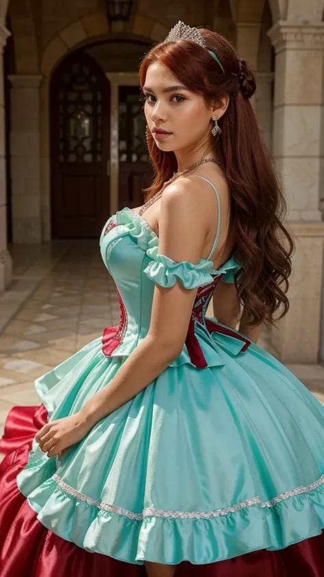 Quinceanera dress mint with bolero
,spitze,corset, bolero,diadem,earrings,lippgloss,necklace,long red hairs
