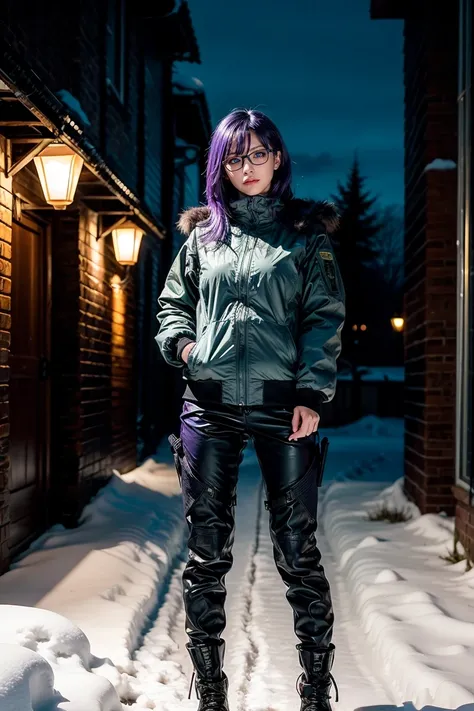 1 girl, beautiful purple hair, blue eyes detailed, wearing glasses, military, wearing military tactical gear, black military jacket, black military pants, plack military boots, winter, night, city, snow, realistic, ultra-detailed, HDR, 4k, full body, reali...