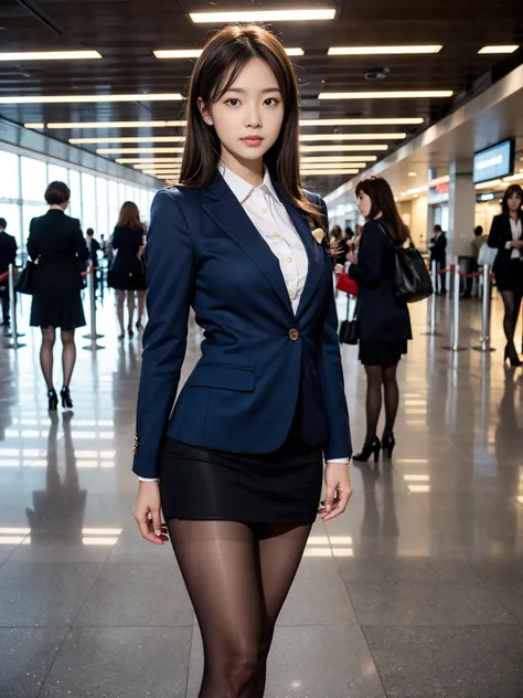 {{Mature Woman, White people}}, View your viewers, Hazel Eyes, Very detailed, Medium chest, Brown Hair, airport, flight attendant, uniform, A nice blue blazer, A nice blue tie, Black Skirt, mini skirt, ペンシルmini skirt,Black Pantyhose、 Red nice high heels, H...