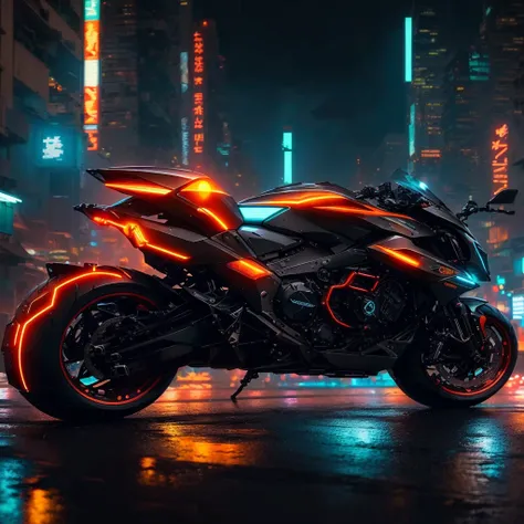 arafed motocicleta parked in the rain in a city at night, sentado na moto cyberpunk, suzuki futurista, orange and cyan lighting, cyberpunk lighting, motocicleta, estilo de arte cyberpunk, brilho cyberpunk brilhante, futuristic motocicleta, Neon cyber light...