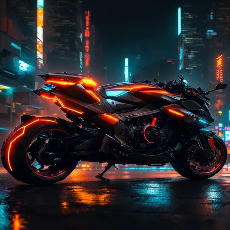 arafed motocicleta parked in the rain in a city at night, sentado na moto cyberpunk, suzuki futurista, orange and cyan lighting, cyberpunk lighting, motocicleta, estilo de arte cyberpunk, brilho cyberpunk brilhante, futuristic motocicleta, Neon cyber light...