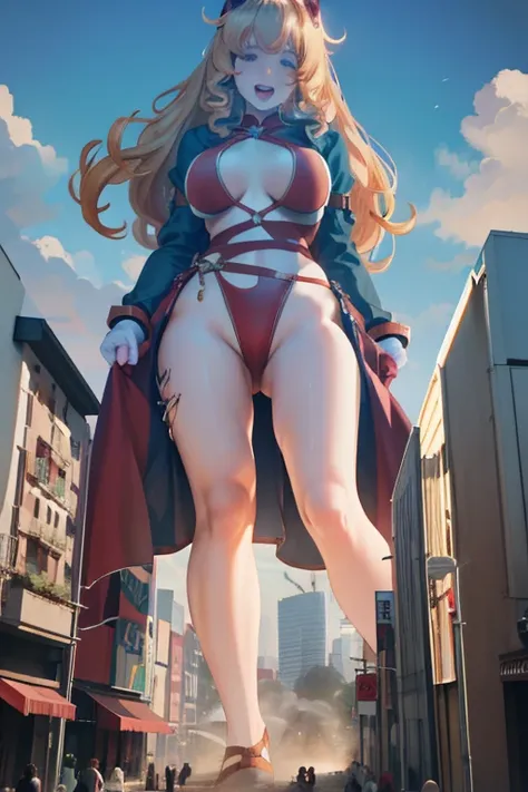 Giant Girl 50,000 feet high，Have a pair of long legs，Have a pair of huge breasts，Wearing a red bikini，Waist-length blonde hair，Loose hair，Wear a pair of Mary Janes，Blonde curly hair，Full of enjoyment，Standing tall in a crowded city, Vandalism，It seems to b...