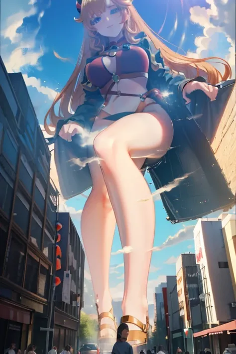 Giant Girl 50,000 feet high，Have a pair of long legs，Have a pair of huge breasts，Wearing a red bikini，Waist-length blonde hair，Loose hair，Wear a pair of Mary Janes，Blonde curly hair，Full of enjoyment，Standing tall in a crowded city, Vandalism，It seems to b...