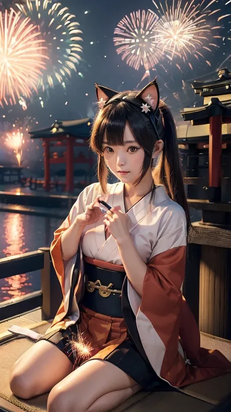 (Japanese idle:1.6), (Cat ears:1.3), yukata, (Fireworks:1.4), Sitting in sunset seashore,