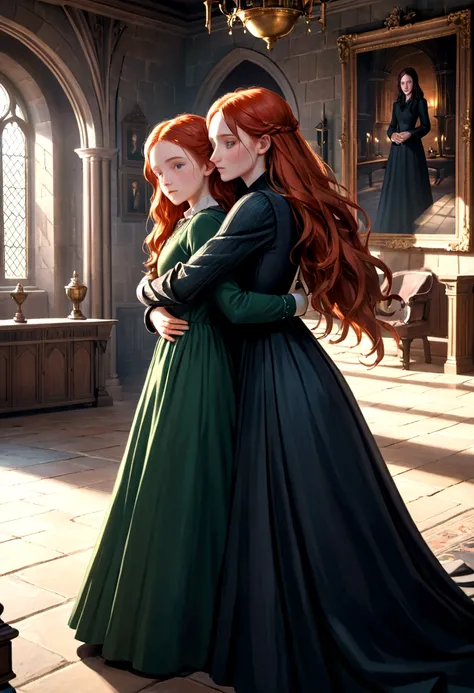 (a beautiful redheaded girl in a long dress, lily evans potter, embracing her daughter, the daughter of severus snape, in the castle living room, highly detailed, photorealistic, masterpiece, 8k, ultra-detailed, cinematic lighting, warm colors, dramatic sh...