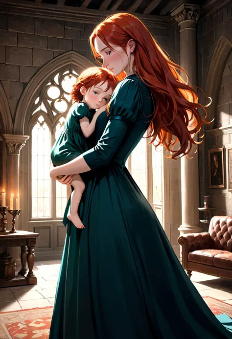 (a beautiful redheaded girl in a long dress, lily evans potter, embracing her daughter, the daughter of severus snape, in the castle living room, highly detailed, photorealistic, masterpiece, 8k, ultra-detailed, cinematic lighting, warm colors, dramatic sh...