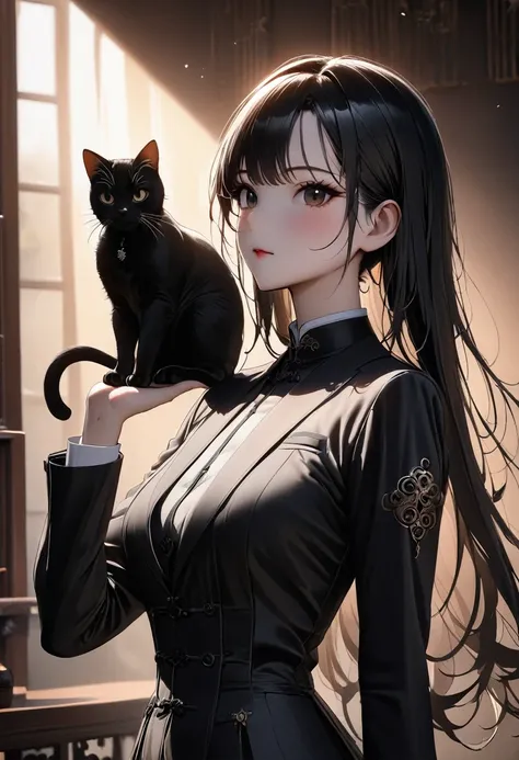 (best quality,4k,8K,high resolution,masterpiece:1.2),Very detailed,(Practical,photoPractical,photo-Practical:1.37),Chinese tailored suits and dresses,Gangsta Girl,Backlight,Deep Shadows,Cat silhouette light,Dominant cat perched on shoulder,Simple and elega...