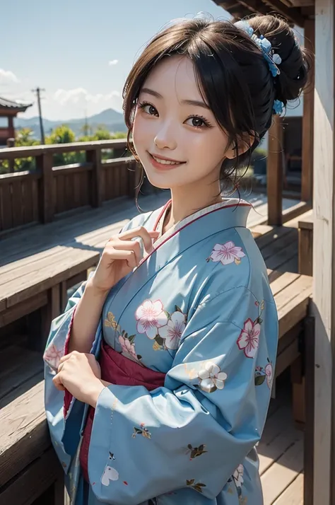 A smiling girl in a kimono cheers with a cheerful "Good morning" under the blue sky