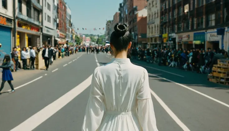 a girl, 17yo, (from back), wide shot, black hair, (Double Buns), looking ahead, white dress, long sleeves, walking city road, buildings, crowd of people, blue sky, bloom, glowing, 