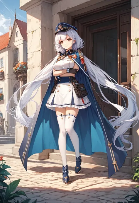 score_9,score_8_up,score_7_up,(details background),cowboy shot,1girl,
(masterpiece)),((best quality)),((outdoors,extremely detailed)),illustration,1girl,solo,light smile,Aquila_Azurlane,uniform,cape,white thighhighs,low twintails,absurdly long hair,fullbod...