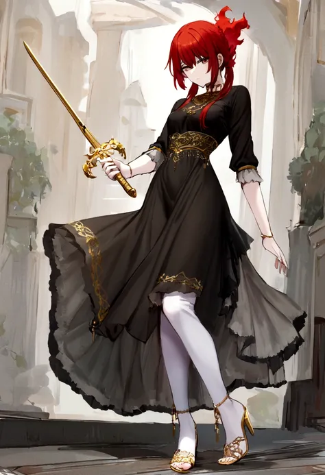 : ((((Picture of a 5 ft 7 inches tall girl with pale skin and long fiery red hair)), 1girl, standing, posing, ((checking her sword)), (( relaxed), casual outfit)), high heels, red hair in two pigtails, ((full frontal pose)), facing slightly off to the view...