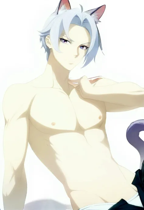 Anime guy have penis in the pants , nsfw, cum, sixpack,anime guy with a cat ears and a collar on his chest, tall anime guy with blue eyes, handsome japanese demon boy, skinny male fantasy alchemist, handsome anime pose, male anime character, hajime yatate,...