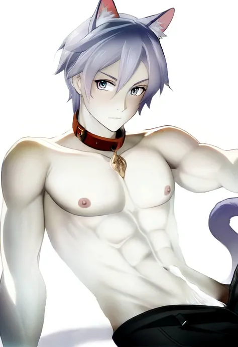 Anime guy have penis in the pants , nsfw, cum, sixpack,anime guy with a cat ears and a collar on his chest, tall anime guy with blue eyes, handsome japanese demon boy, skinny male fantasy alchemist, handsome anime pose, male anime character, hajime yatate,...