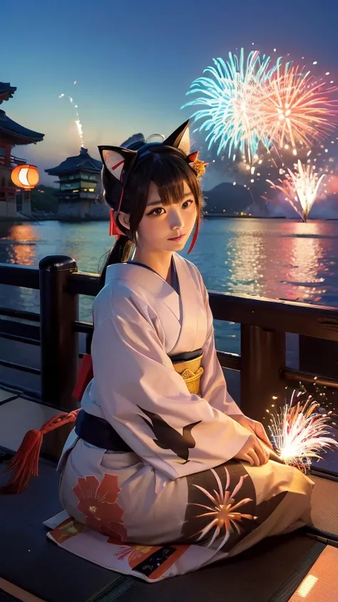 (Japanese idle:1.6), (Cat ears:1.3), yukata, (Fireworks:1.4), Sitting in sunset seashore,