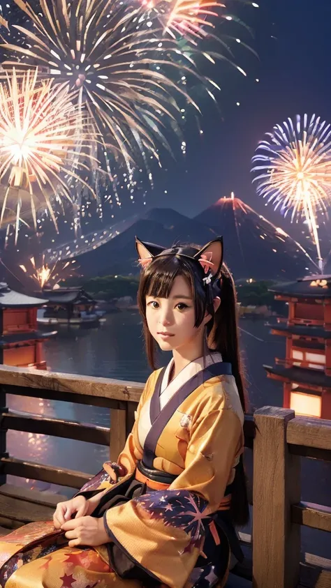 (Japanese idle:1.6), (Cat ears:1.3), yukata, (Fireworks:1.4), Sitting in sunset seashore,