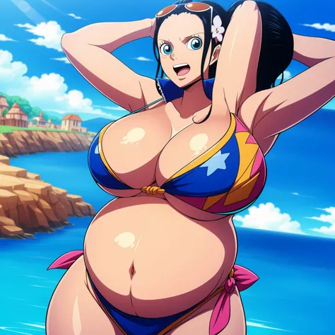 Robin de One Piece, sexy pose, blue bikini, 8k, Anime, plage, gros boob, gros cul, look sexy, blue eyes, ((big belly, massive belly, chubby, giant belly)), shocked, open mouth, (hands behind head:1.4), (solo:1.5)